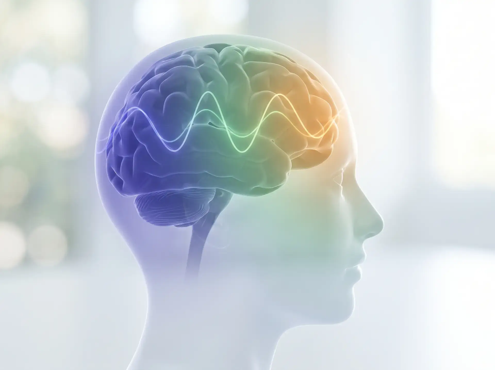 Illustration of brain with neural wave stimulation for OmniFit Brain therapy